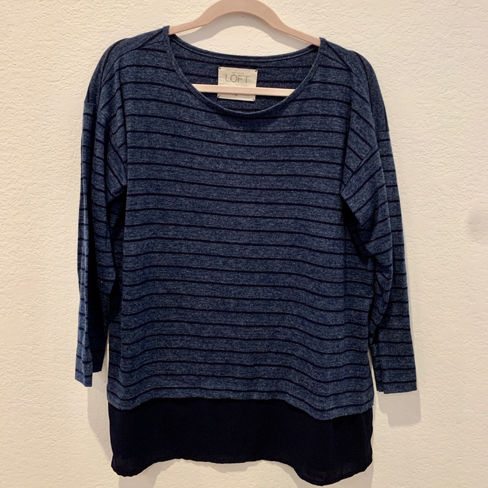 Loft, denim blue and navy blue striped blouse.